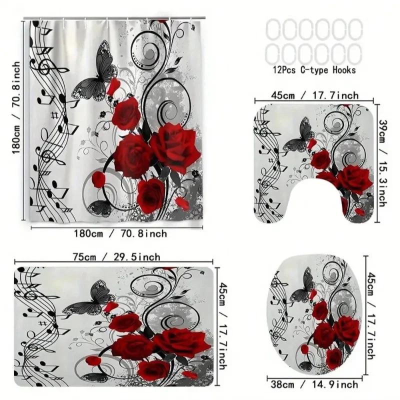 4pcs Floral Print Bath Set Including Shower Curtain, Toilet Lid Cover, U-Shape Bath Mat, And Bathroom Accessories With Hooks