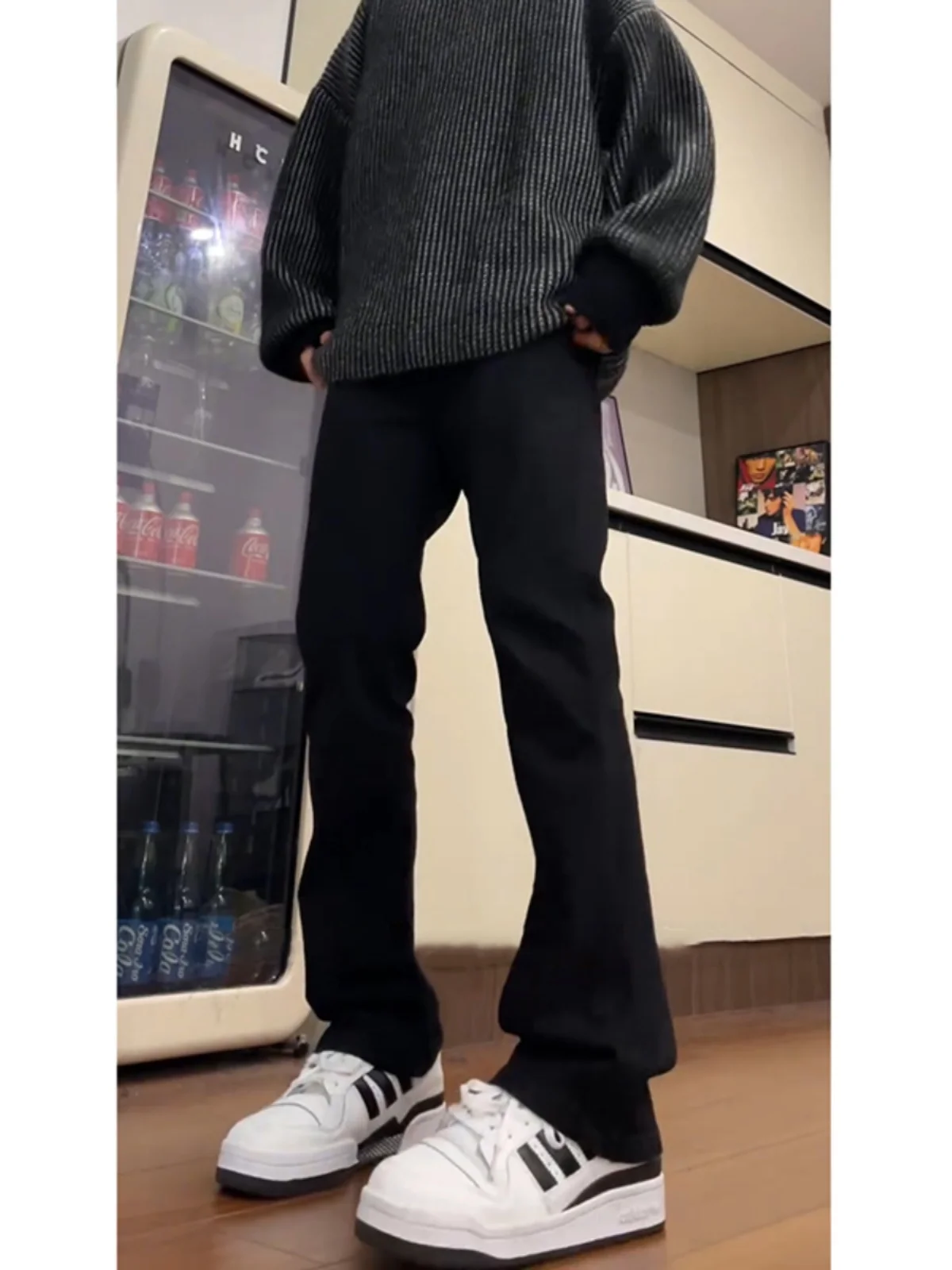 

Trendy Belted Straight Leg Jeans Men's Slim Fit High Waist Bootcut Denim Pants Spring Faion Bla Color Youth Wear