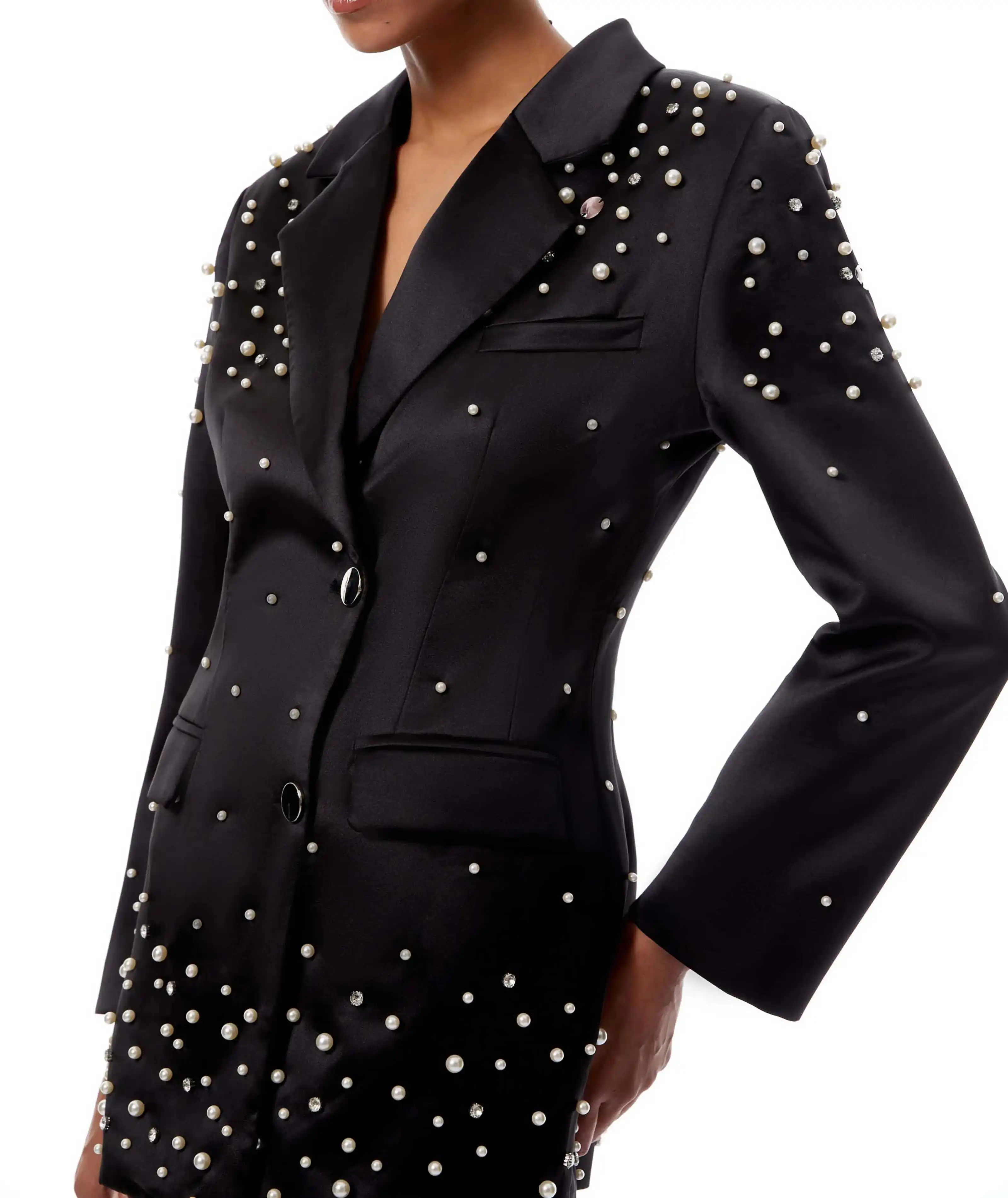 بدلة نسائية من قماش الجاكار قطعة واحدة سترة بقصة ضيقة واحدة الصدر بلغت ذروتها وطية صدر السترة واللؤلؤ والكريستال مناسبات خاصة معطف مكتب مخصص