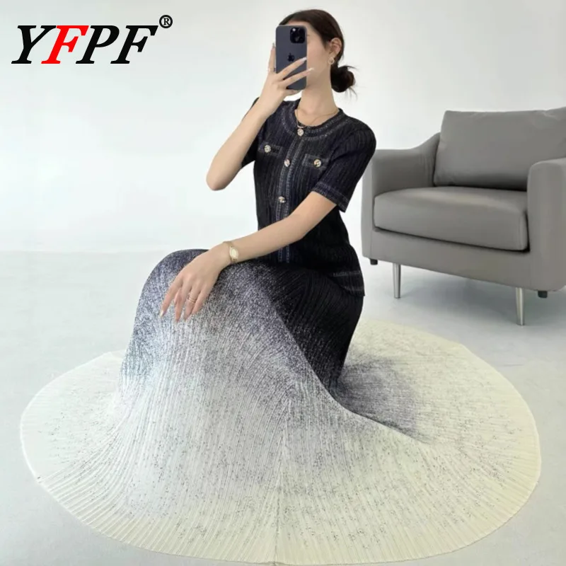

YFPF Miyake Pleated Gradient Long Dress Women Fashion Short Sleeve Button Spliced Elegant Evening Dresses 2025 New 3A420