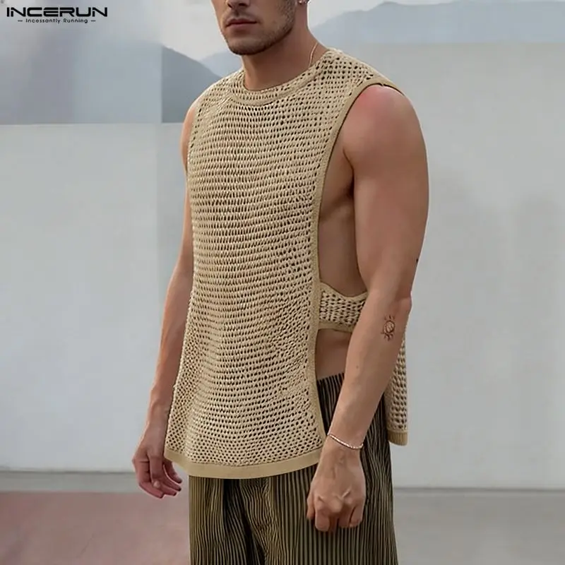 INCERUN Herren Tanktops Sommer Ausgehöhlte Durchsichtige Split-Tops Herrenbekleidung Streetwear Sexy 2026 Urlaub Lässige Männer-Westen Tops
