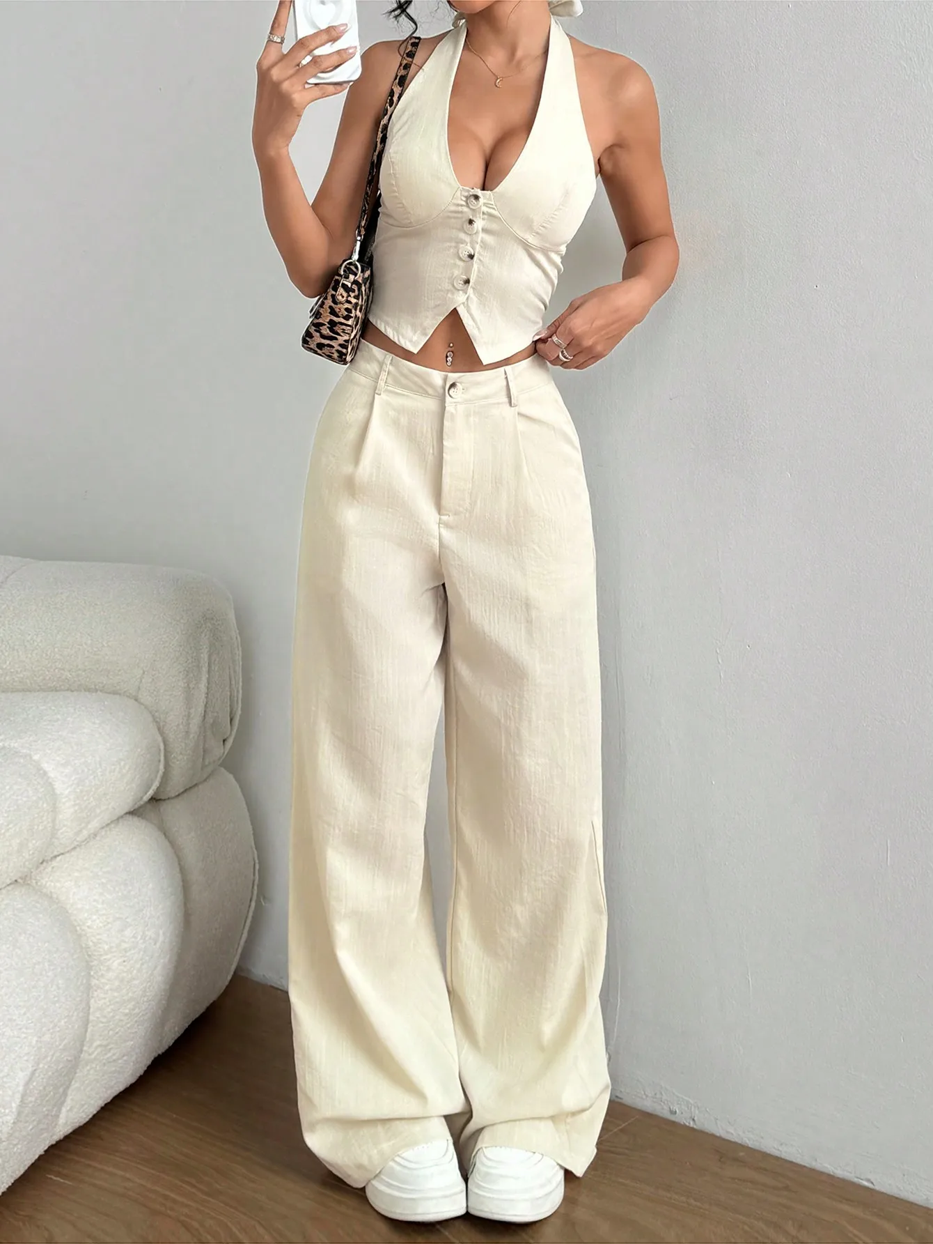 

Cream Halter Crop Top & Wide Leg Pants Set with Button Detail