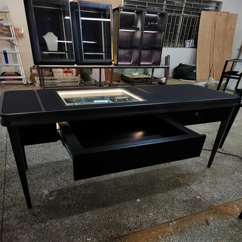 custom.Luxury Black Jewelry Display Table, Custom Glass Top Jewelry Counter with Drawer Retail