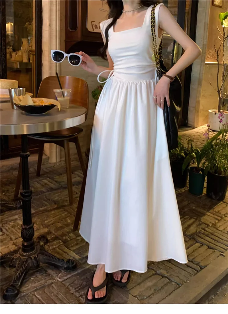 White Camisole Dress For Women In Summer New High-end Fashionable Versatile And Good-looking Drawstring Waist Style Long Dress