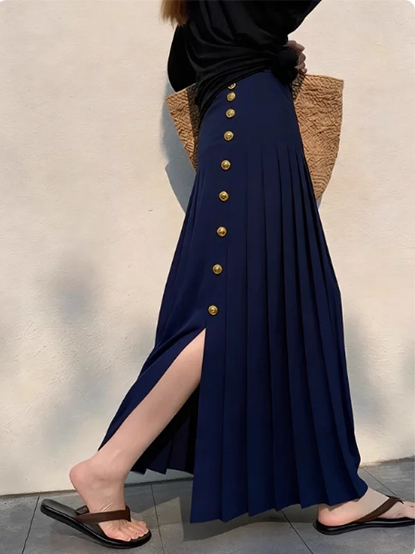 Elegant High Waist Pleated Skirt for Women Beautiful Split Design Single Button Commute Style Standard Fit Other Material