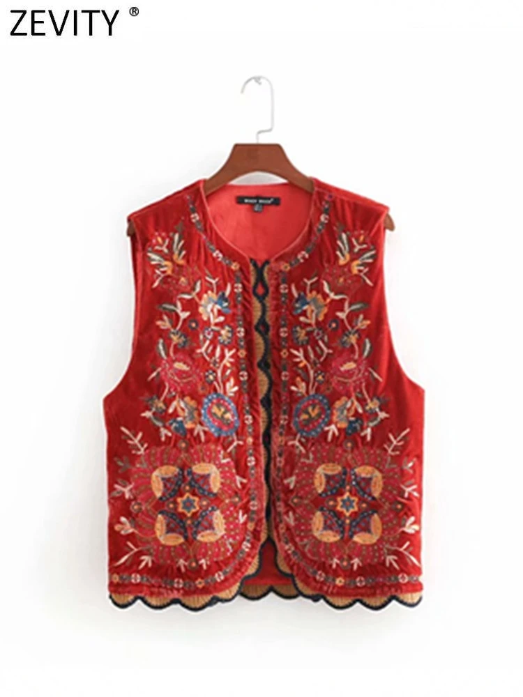 Zevity Women Vintage Sequins Flower Embroidery Vest Jacket Ladies National Style Patchwork Casual Velvet WaistCoat Tops CT2978