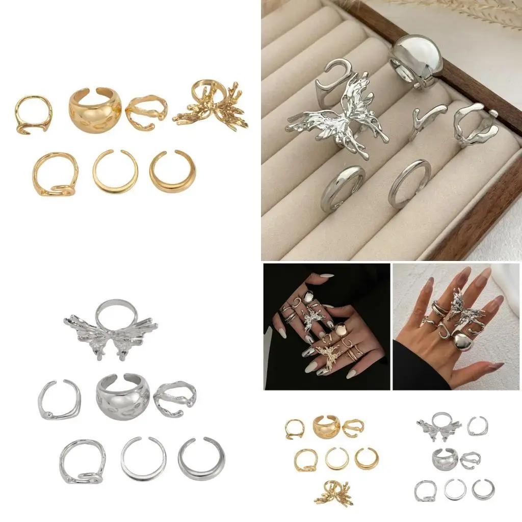 31BB Multipurpose Liquid Lavas and Butterfly Designs Rings Set 7pcs Stylish Accessories for Modern Women Casual Wear