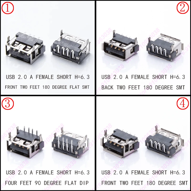 5PCS USB 2.0 AF connector (short length)4pin USB jack 4feet DIP 90degree FLAT DIP H=6.3