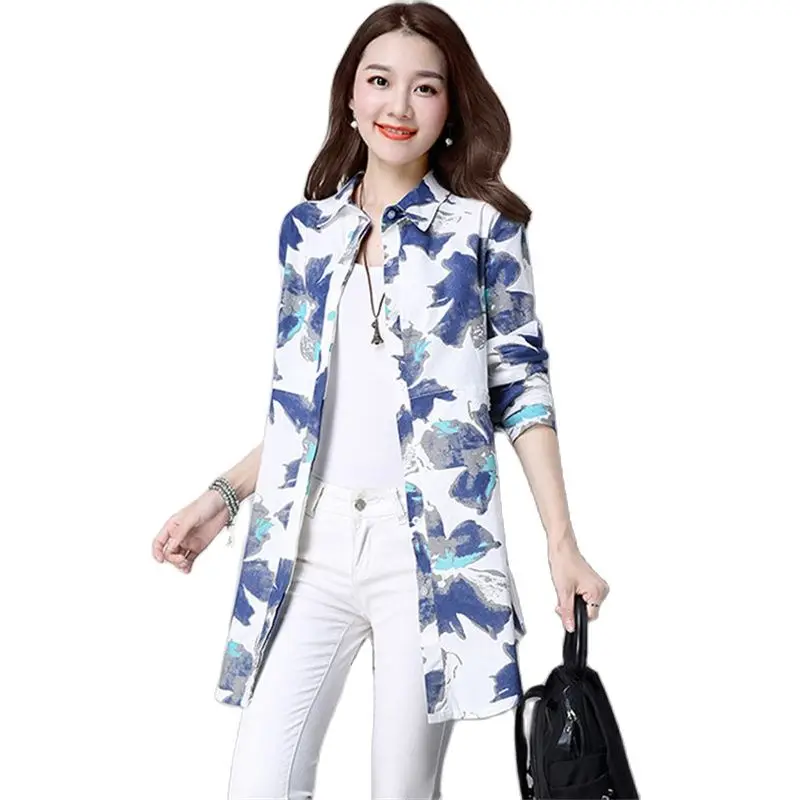 

Women's Long Sleeve Cotton linen Shirt 2022 Korean Female Autumn New Medium Long Shirt Ladies Large size Printing Cardigan Tops