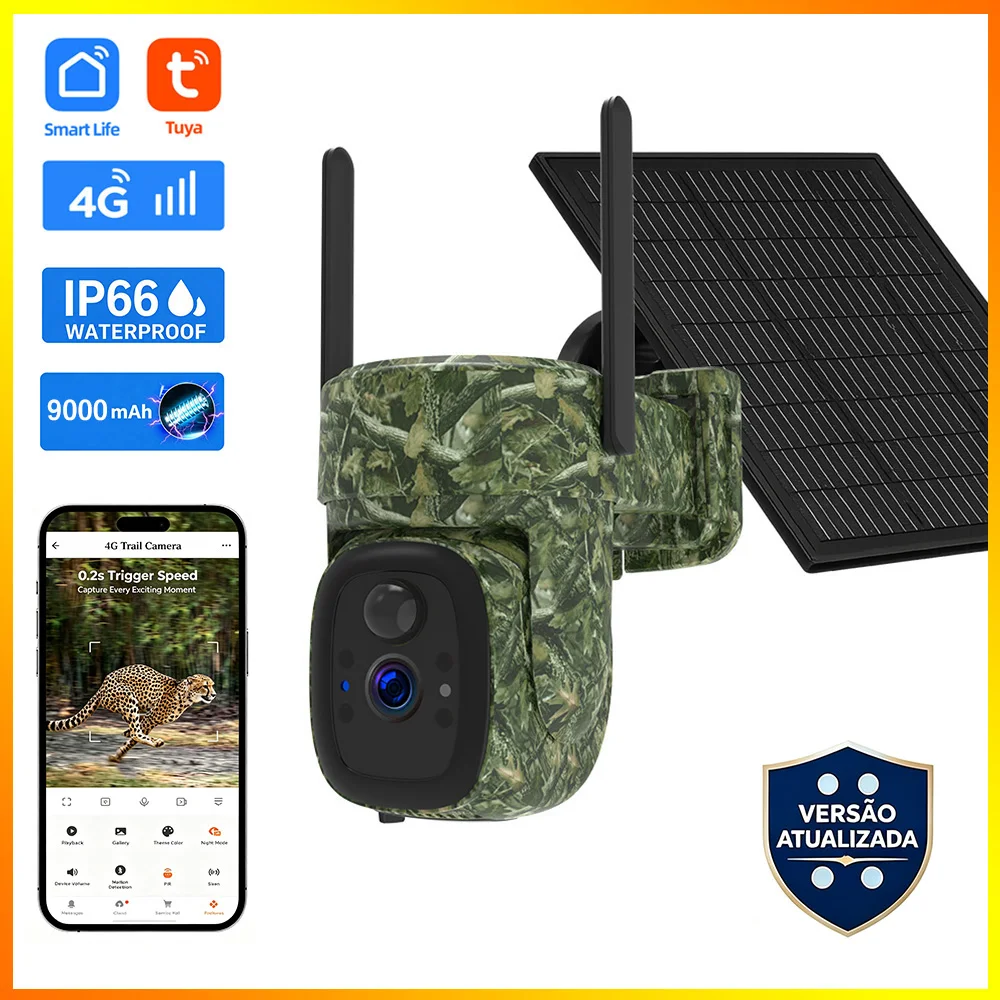 Câmera de Caça Solar Camuflada Tuya 4G 3MP Sem Brilho Vermelho 940nm IR Camo SmartLife Câmera Externa de Baixo Consumo IP66 À Prova de Intempéries