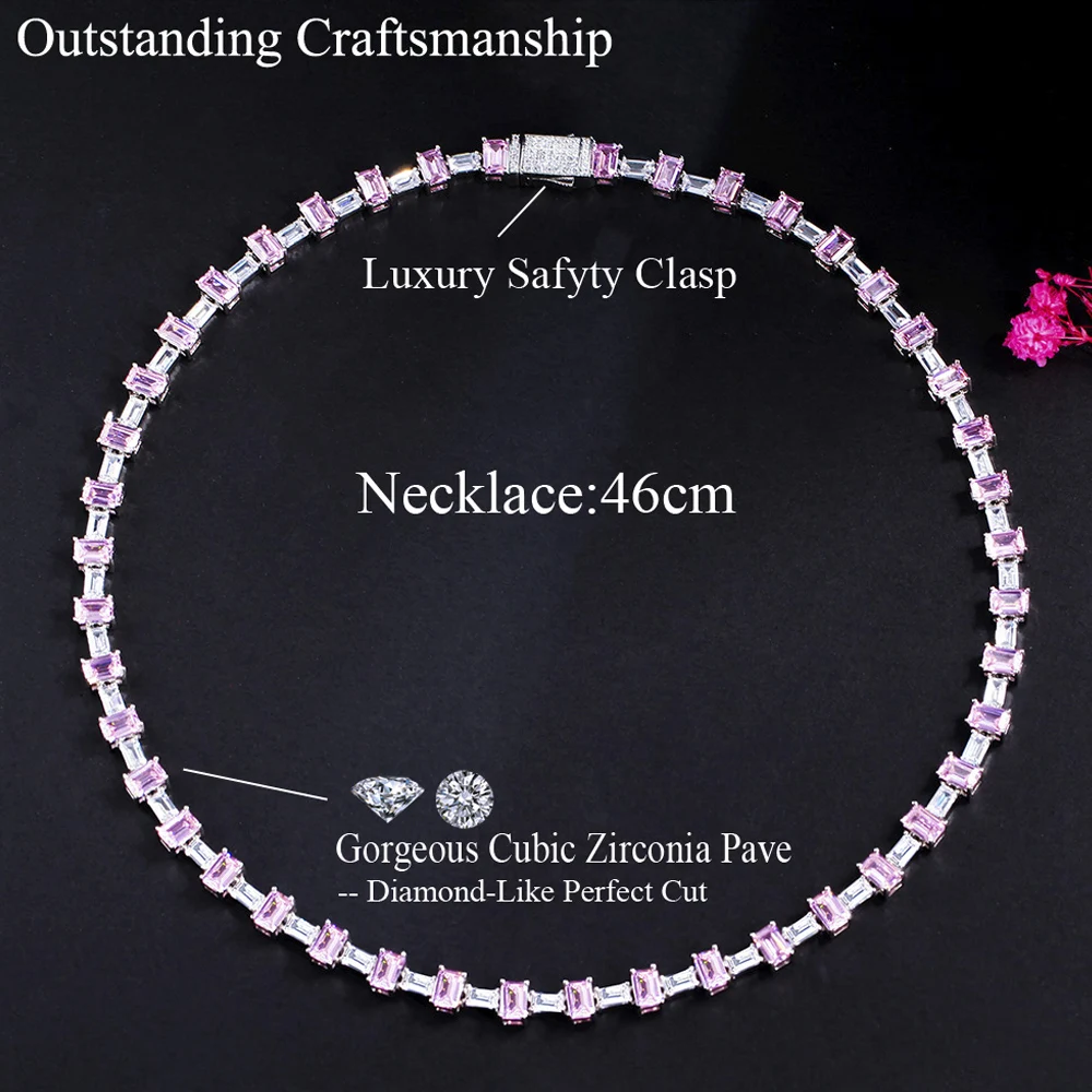 ThreeGraces Elegant Pink Cubic Zirconia Geometric Rectangle Chain Link Necklace for Women Fashion Party Costume Jewelry PN121