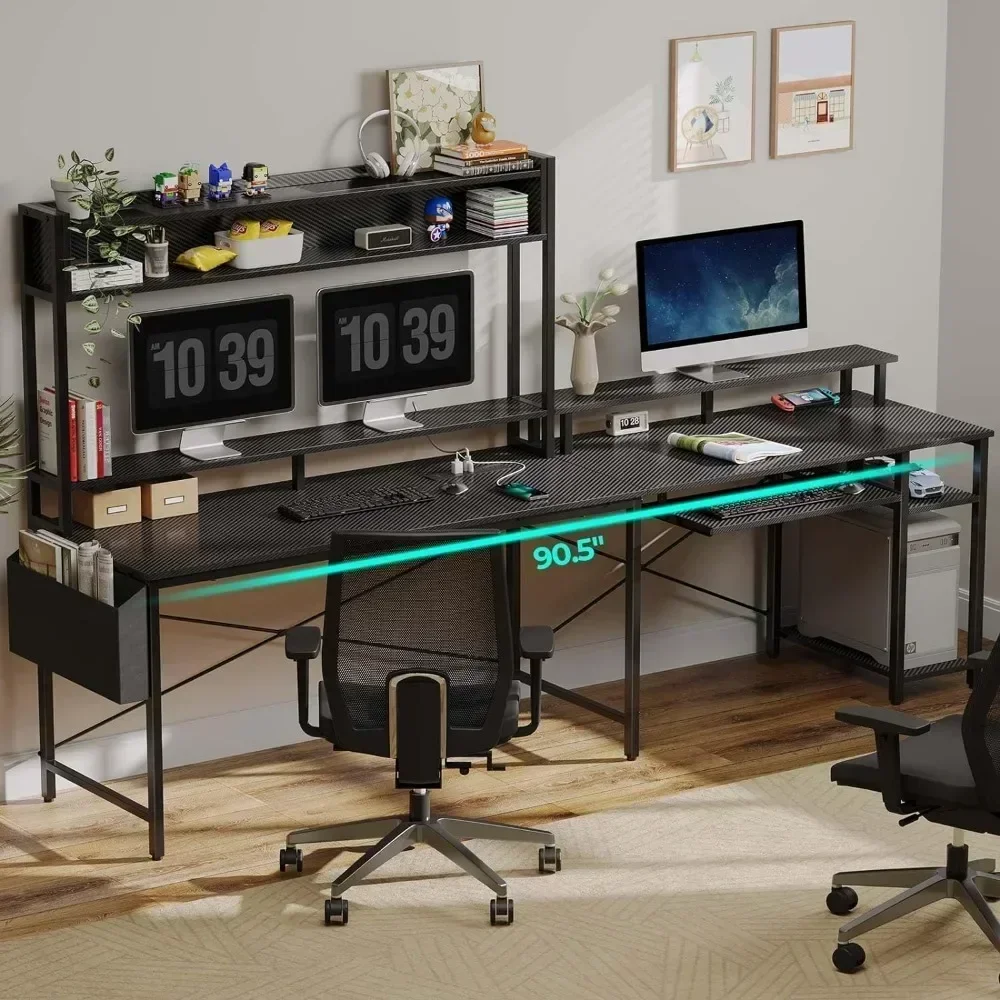 Mesa de computador em forma de L de 90,5", com suporte para monitor e gaiola, bandeja para teclado, mesa de escritório doméstico com luzes LED e tomadas elétricas