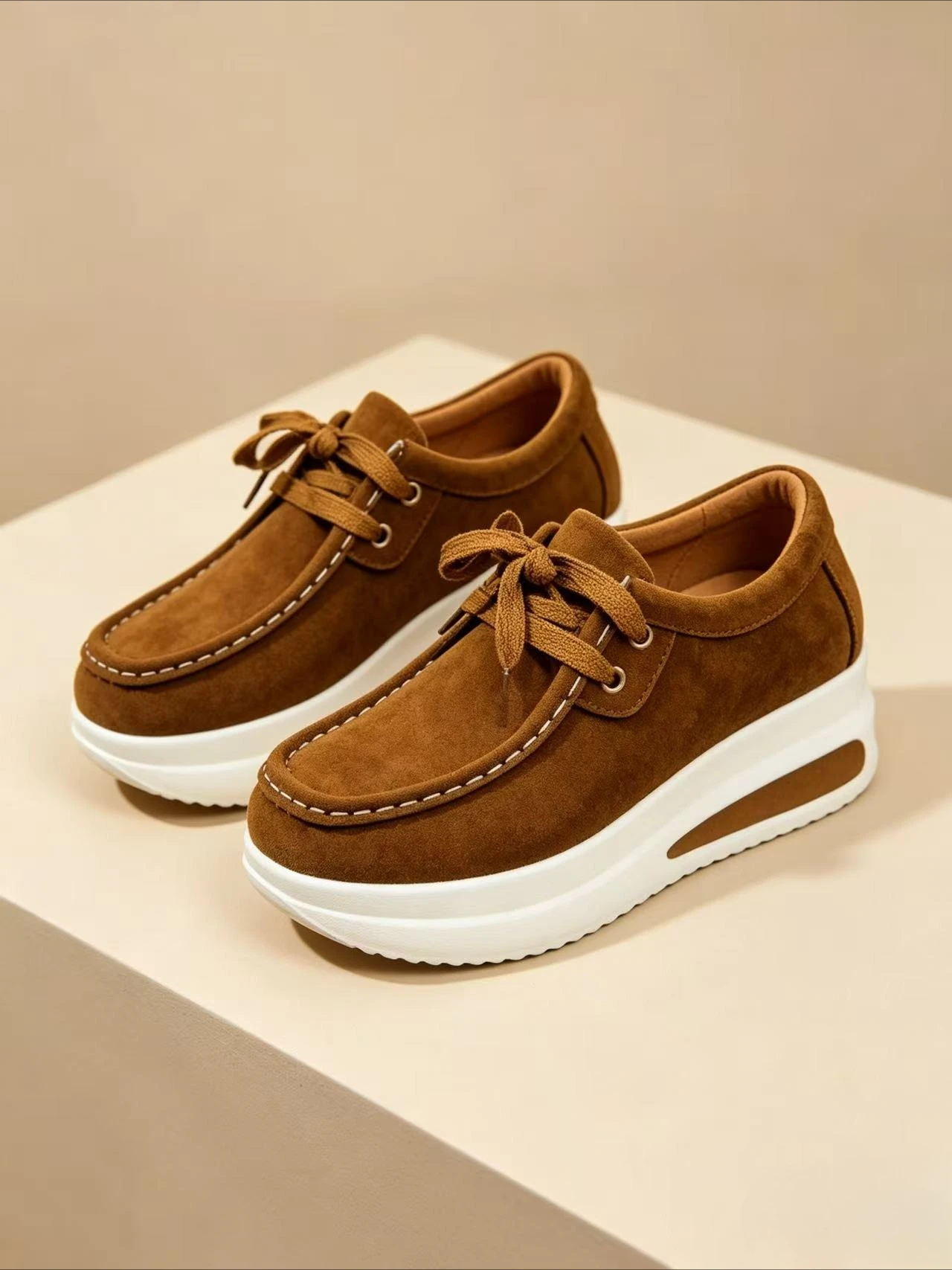 Artificial suede platform wedge sneakers lace-up platform casual walking loafers women's comfortable rocking shoes
