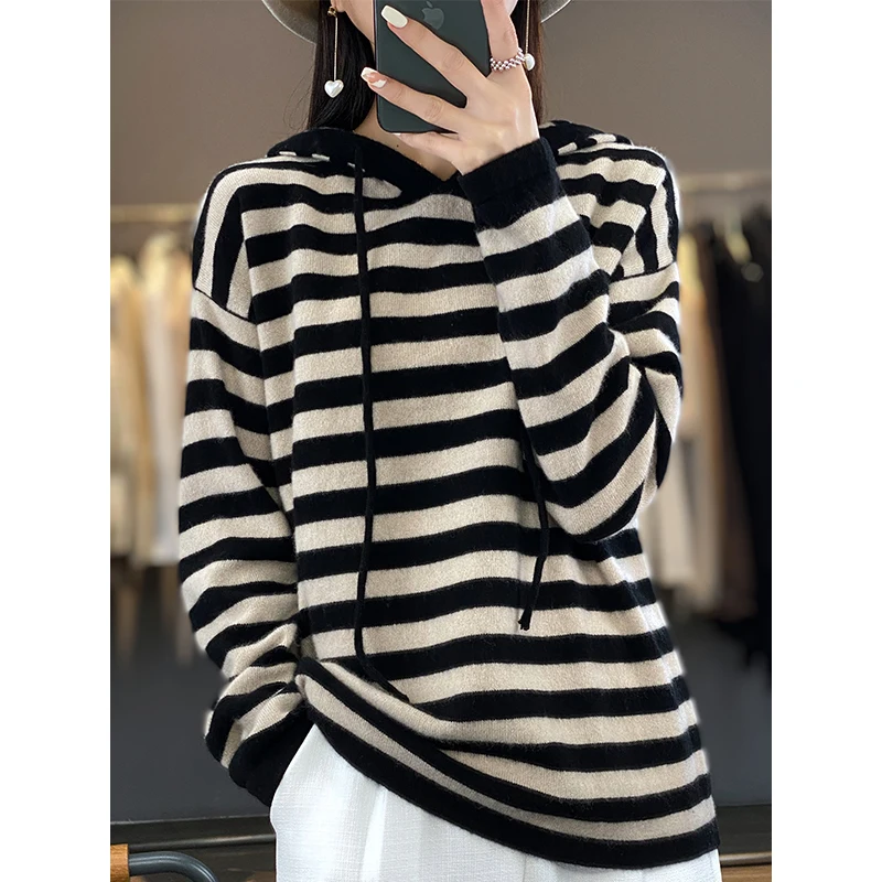 مخطط هوديي المرأة 100% ميرينو رداء علوي من الصوف الخريف والشتاء موضة محبوك مخطط هوديي سميكة الدافئة الملابس النسائية