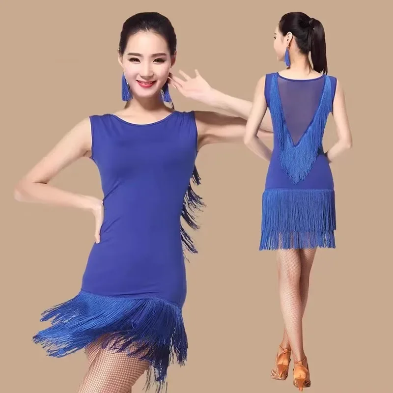 Robe de danse latine personnalisée pour femmes adultes, sans manches, à franges, vêtements d'entraînement, robes de concours de danse de salle de bal sur scène
