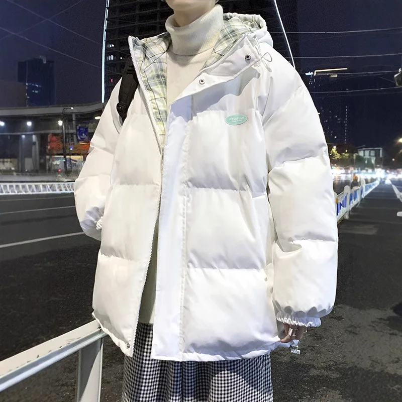 

Men's down Cotton Jaet Winter Thiened Two-Sided Wear Plaid Design Faionable Long Sle Korean Version Outerwear Coat