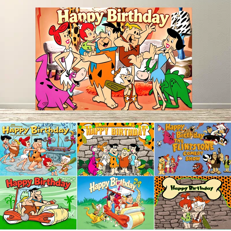 Dewprint - Fondo de fiesta de cumpleaños con dibujos animados, decoración temática de hombre cavernícola, pancarta, regalo de cumpleaños para niños, accesorio para fotos