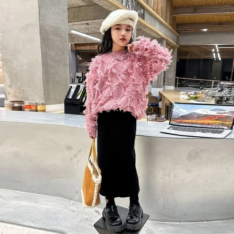 Girls' Thickened Open Hem Half Skirt 2025 Autumn Winter New Style Stylish Versatile Tween Girls Long Skirt