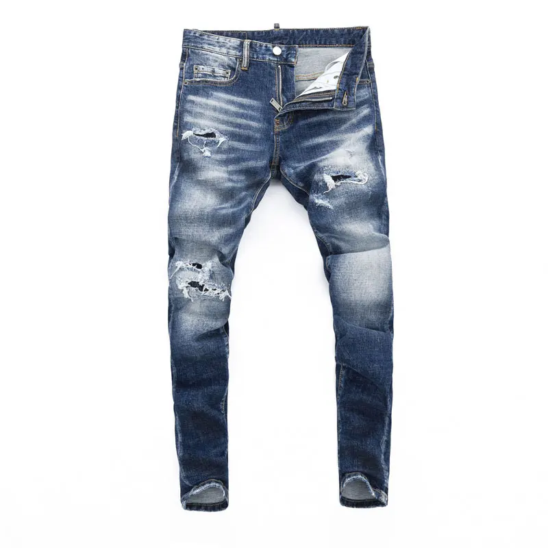 High Street Fashion Men's Jeans Retro Stretch Tight Ripple Piercing Jeans Men's Painted Designer Hip Hop Brand Blue Pants Hombre