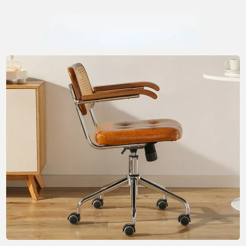 Retro rotating chair Rattan computer office chair Japanese comfortable storage study desk seat breathable armrest rattan chair