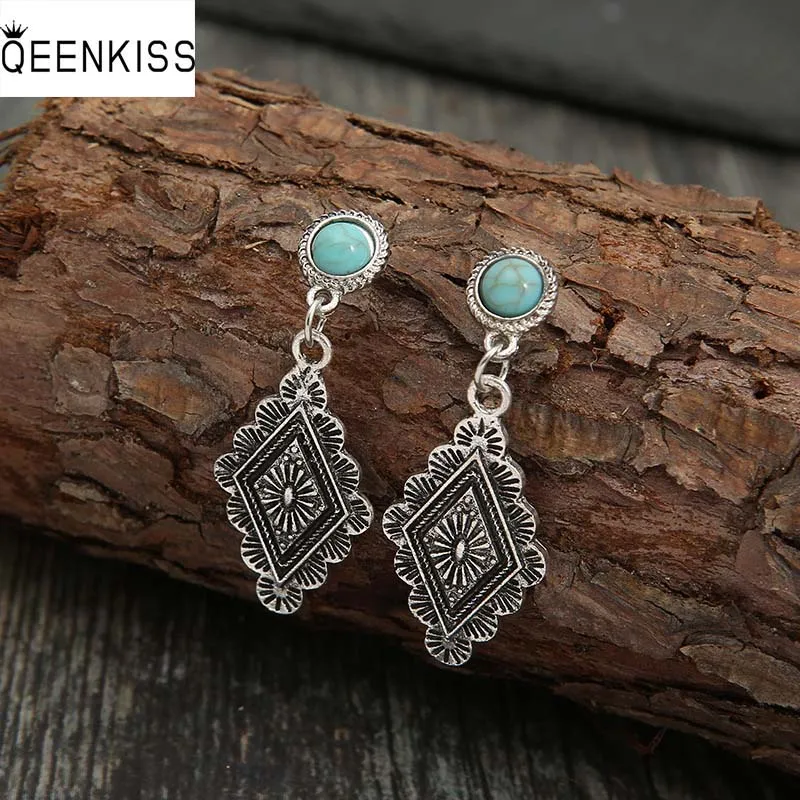 

QEENKISS EG6307 Fine Jewelry Wholesale Fashion Woman Girl Birthday Wedding Retro Diamond Turquoise Antique Silver Drop Earrings