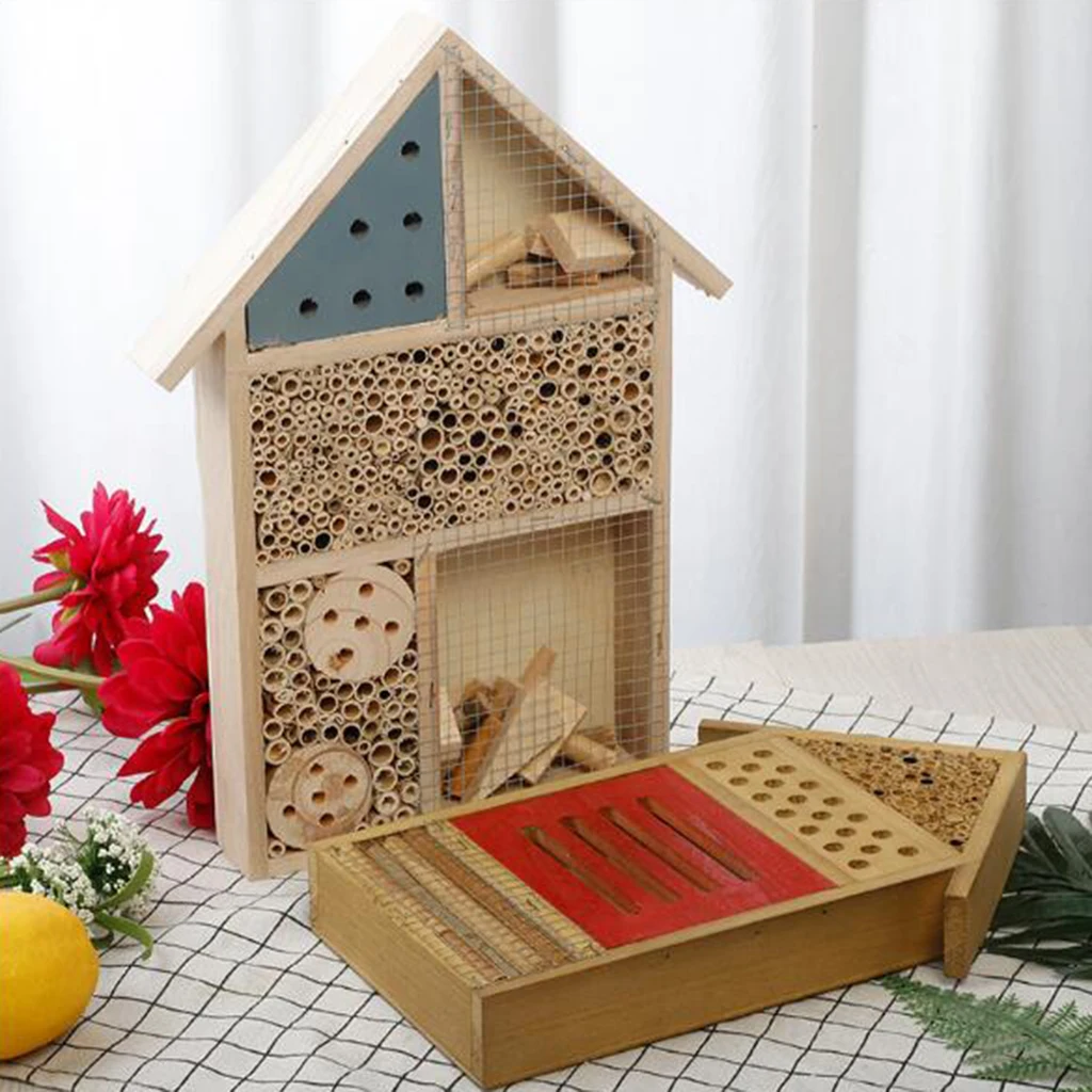 Wooden House Garden Shelter Bug Hotel Bee Habitat Box for Yard Balcony Pollinator Haven