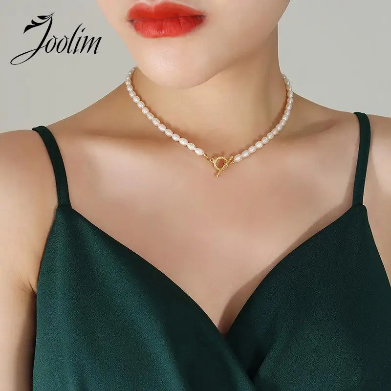 Joolim Jewelry High End PVD Wholesale Waterproof Elegant Baroque Freshwater Pearl Toggle Stainless Steel Necklace for Women