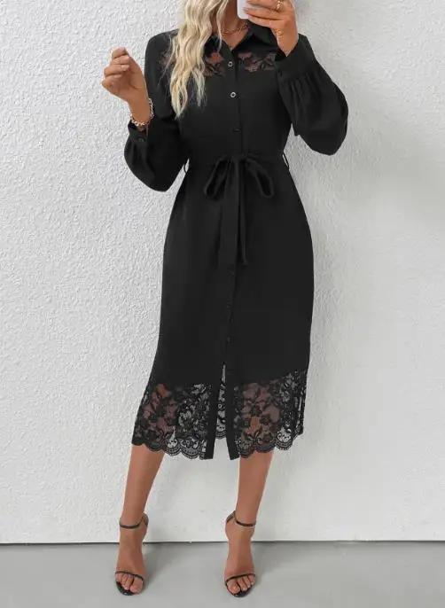 

Women's Dress Summer New Fashionable and Sexy Style Crocheted Lace Patchwork Lapel Button Front Lace Up Long Sleeved Shirt Dress