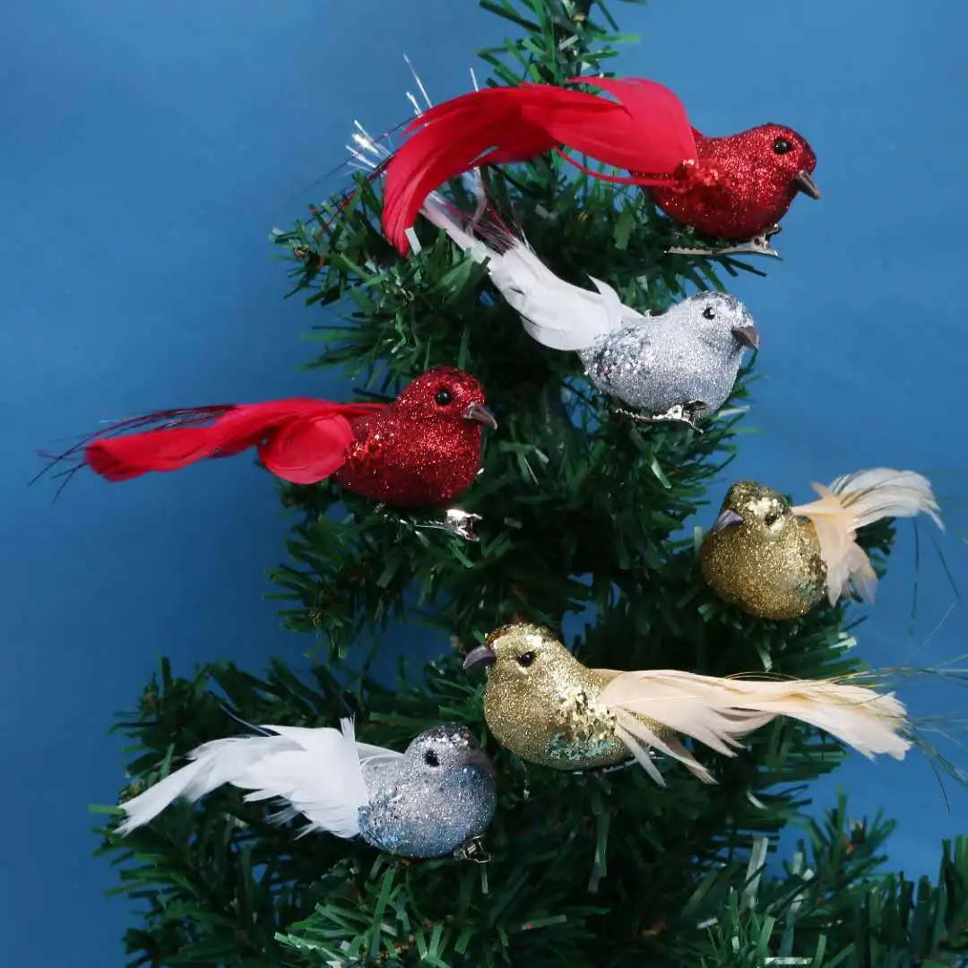 3pcs Christmas Simulation Birds Glitter Feather Cardinal Birds XmasTree Decoration Clip Feather Bird Ornaments Home Accessories