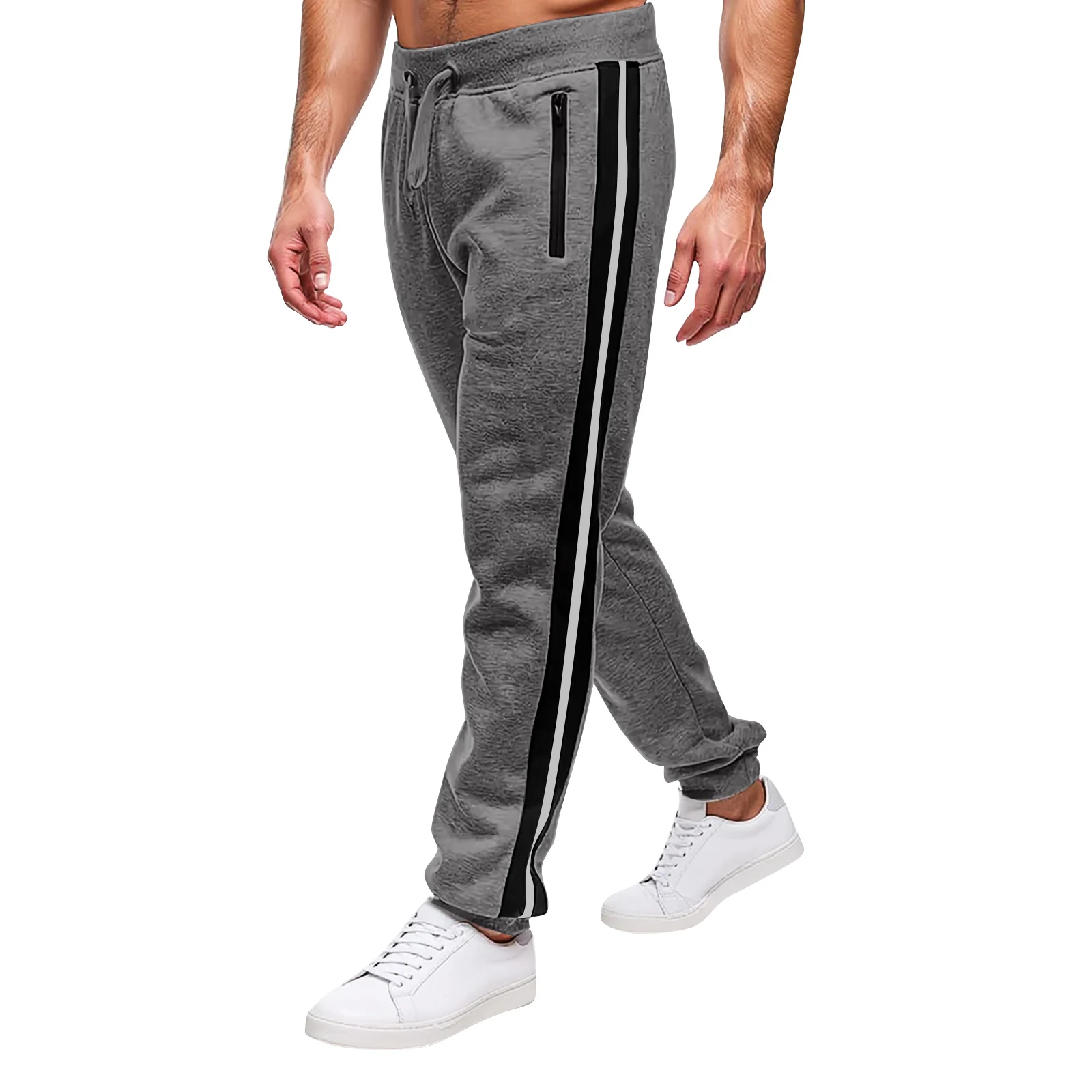 

Мужские повседневные спортивные штаны, серые боковые полоски, карманы на молнии, повседневная одежда, спортивная мода, весенне-осенние универсальные брюки с манжетами