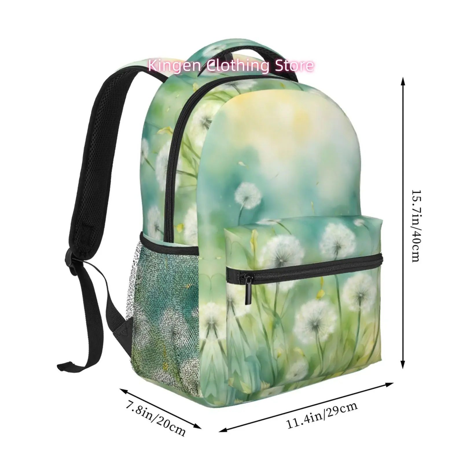 Soft Green Dandelion Print Backpack, Nature-Inspired Oxford Daypack, Adjustable Shoulder Straps, for Unisex Outdoor And Daily Us