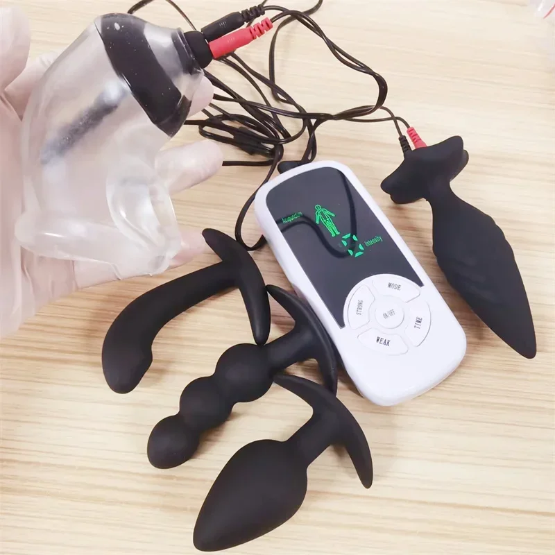 6 Modes Electric Shock Soft Cock Cage Glans Trainer Penis Massage Silicone Anal Beads Butt Plug Sex Toys for Men Masturbation