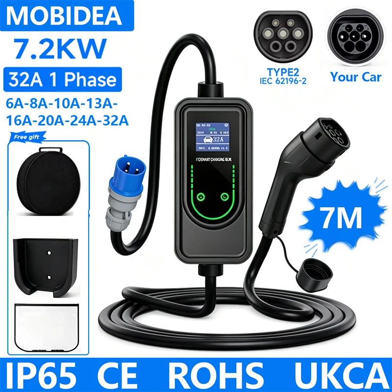 MOBIDEA 7.2kW 32A Type2 Portable EV Charger 7M Cable Single Phase 6-32A Adjustable Current Timer IP65 CE TÜV EV Charger for BYD