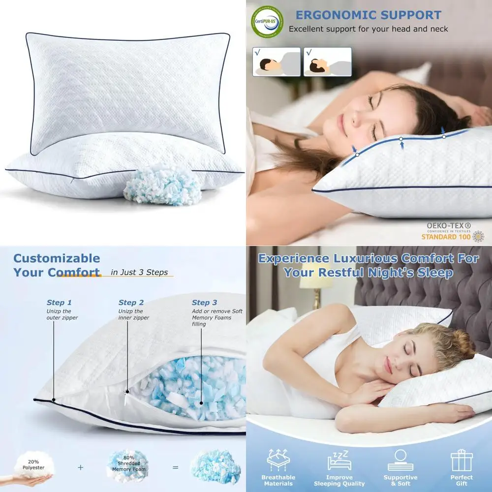 

Queen Size Cooling Bed Pillows Set of 2, Adjustable Memory Foam Pillows for Comfortable Sleep for All Sleep Positions