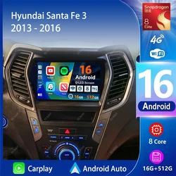 Android 16 Carplay Auto 2K Screen Car Radio Multimedia Player For Hyundai Santa Fe 3 2013 - 2016 Autoradio GPS Stereo Head Unit