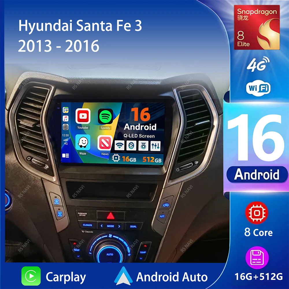 Android 16 Carplay Auto 2K Screen Car Radio Multimedia Player For Hyundai Santa Fe 3 2013 - 2016 Autoradio GPS Stereo Head Unit