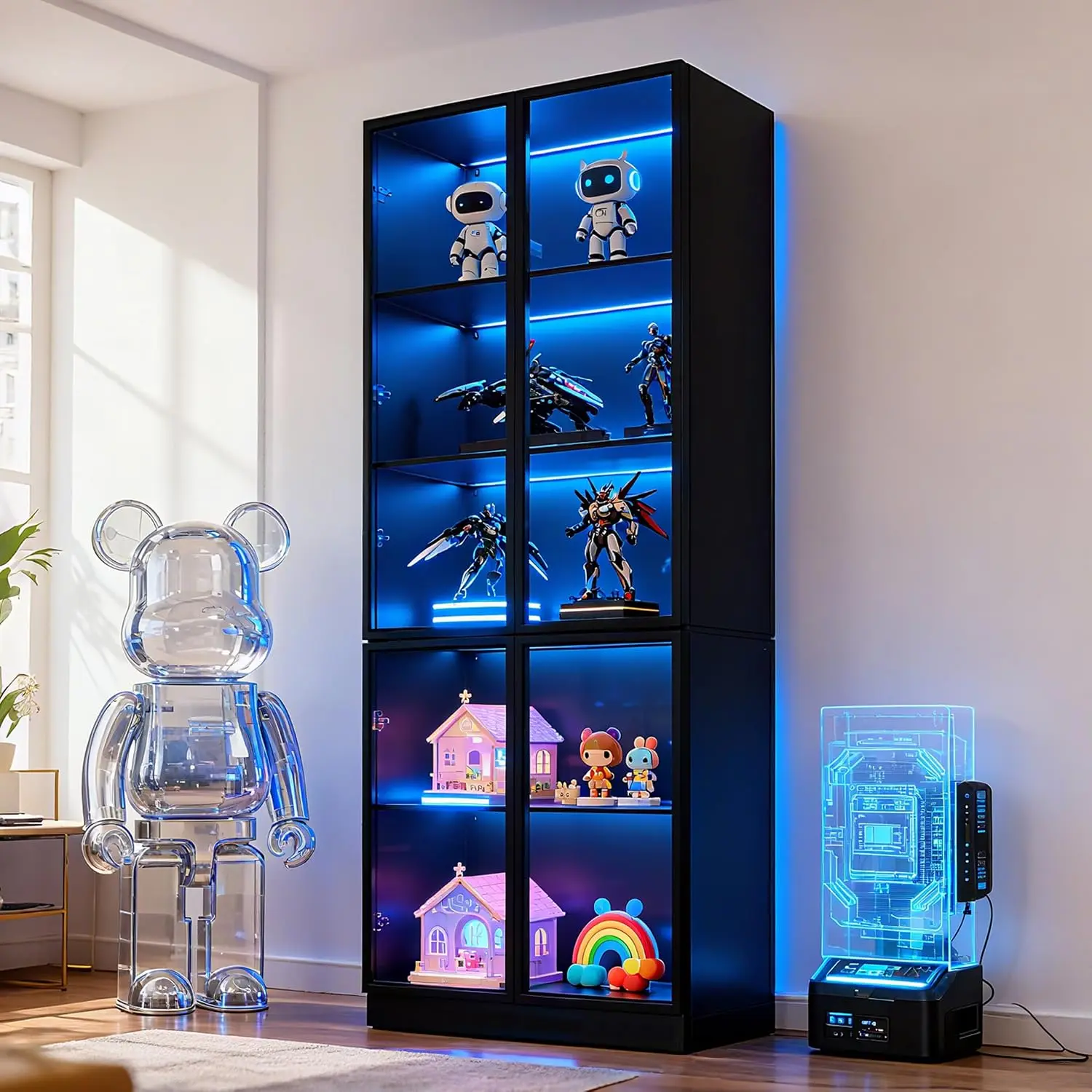 79 Inch Tall Glass Display Cabinet LED Lights Showcase Glass Doors 5 Tier Curio Cabinet Collectibles Bookcase Storage Shelf Blac