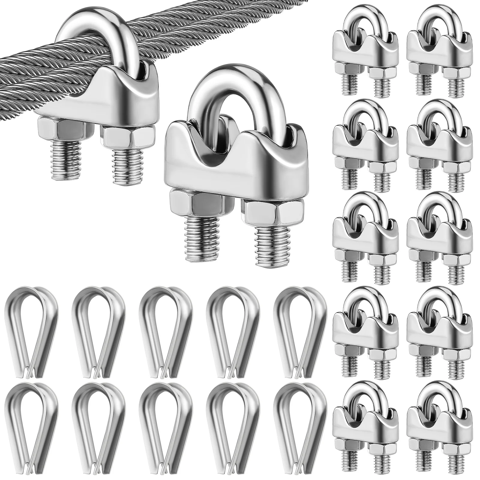 22 Pcs Heart Ring Wire Clamp Rope Cable Clip Clips Triangle Stainless Steel