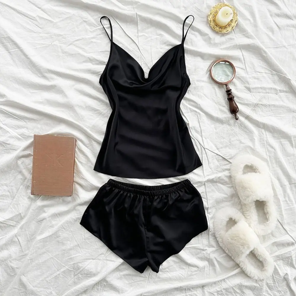 

Sleeveless Sling Satin Silk Pajamas V-neck Ice Silk Two Piece Nightwear Loose Home Clothes Camisole Shorts Nightdress Female