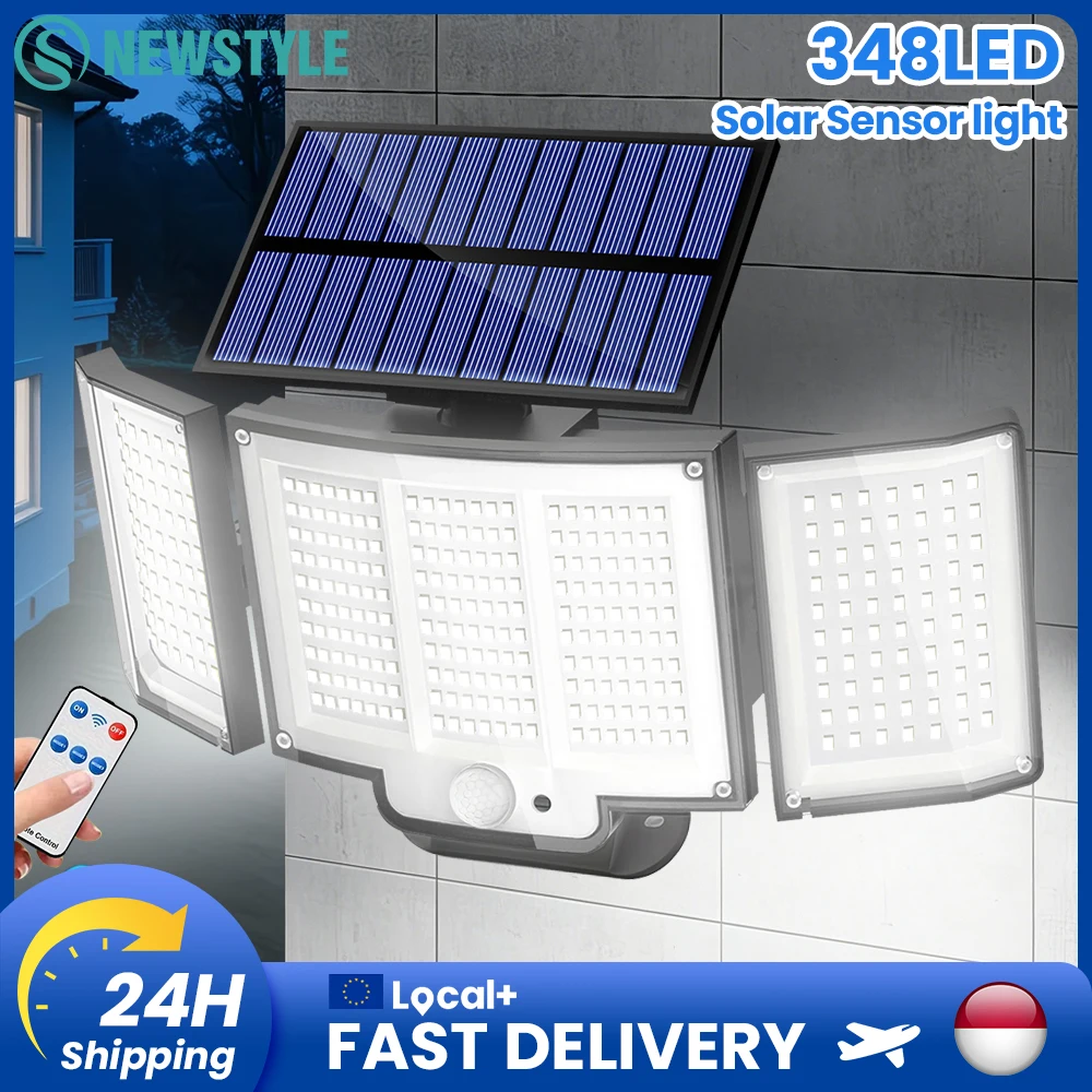 Solar-Außenleuchten 348 LED-Sicherheitsleuchten mit Fernbedienung IP65 Wasserdicht 2400mAh Akku Zwei Verstellbare Gebogene 3-Kopf-Bewegungssensorleuchten 2 Weitwinkelköpfe 135° °