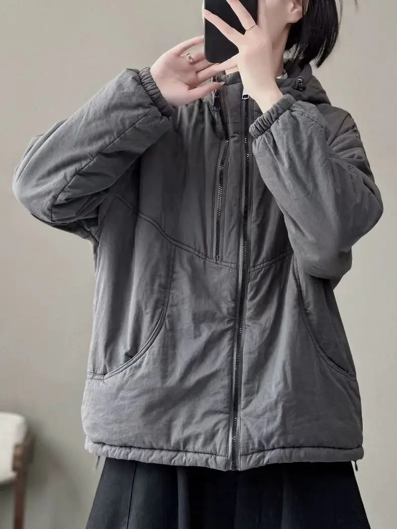 2025 Giacca oversize con cappuccio da lavoro per pendolarismo allentato in cotone da donna nuova autunno e inverno