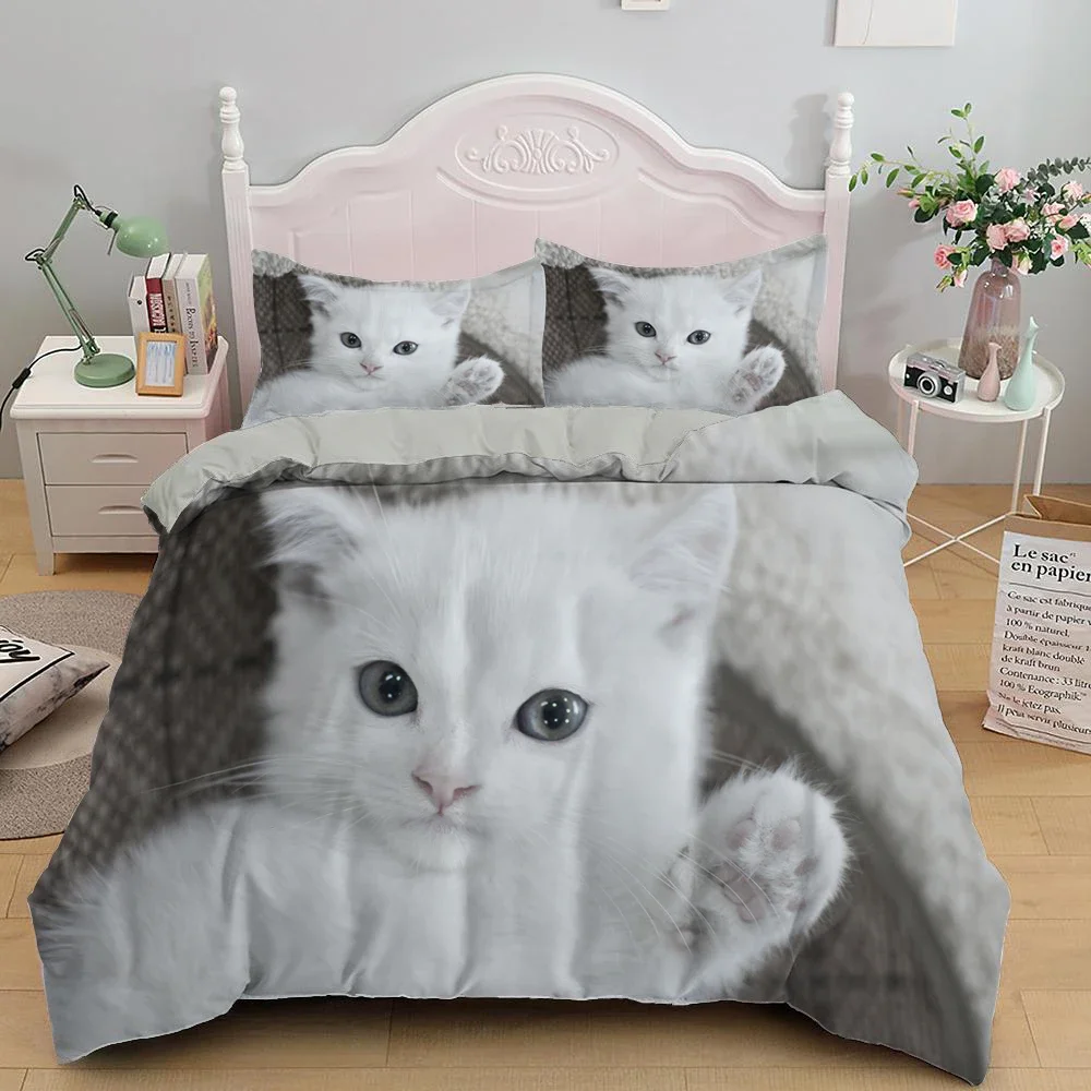 White Cat King Queen Duvet Cover Kawaii Pet Kitty Bedding Set for Kids Teens Adults Family Animal 2/3pcs Polyester Quilt Cover