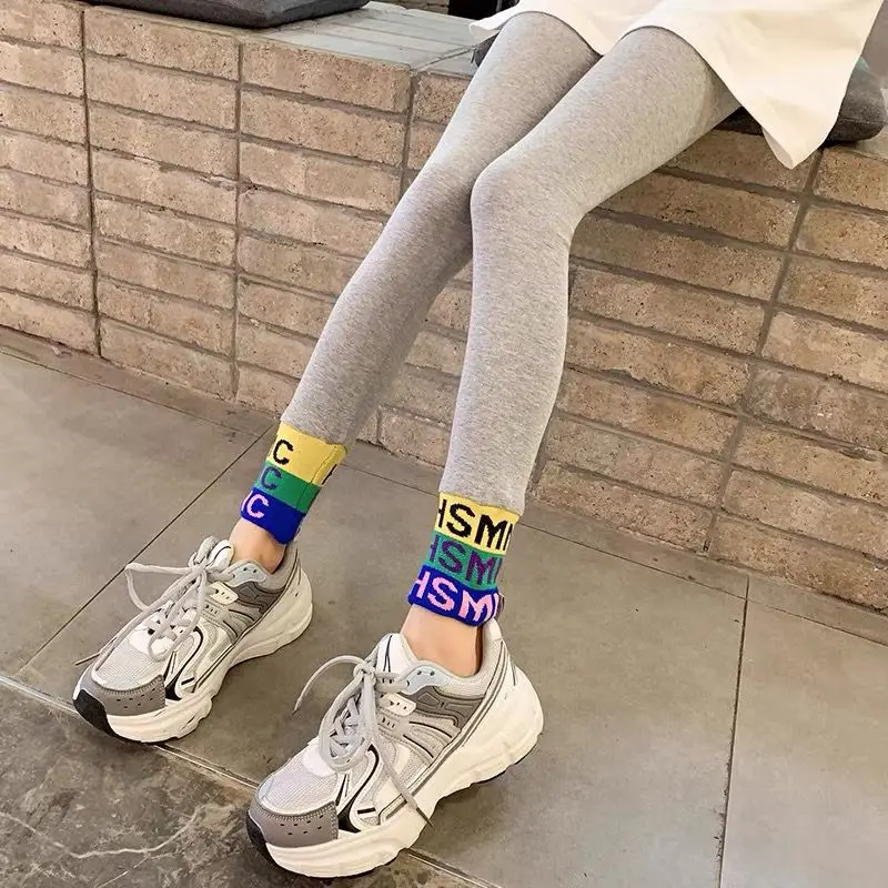 Autumn and Winter Girls High Waist Elastic Patchwork Screw Thread Slim Solid Color Fashion Casual Elegant Kids Leggings Pants