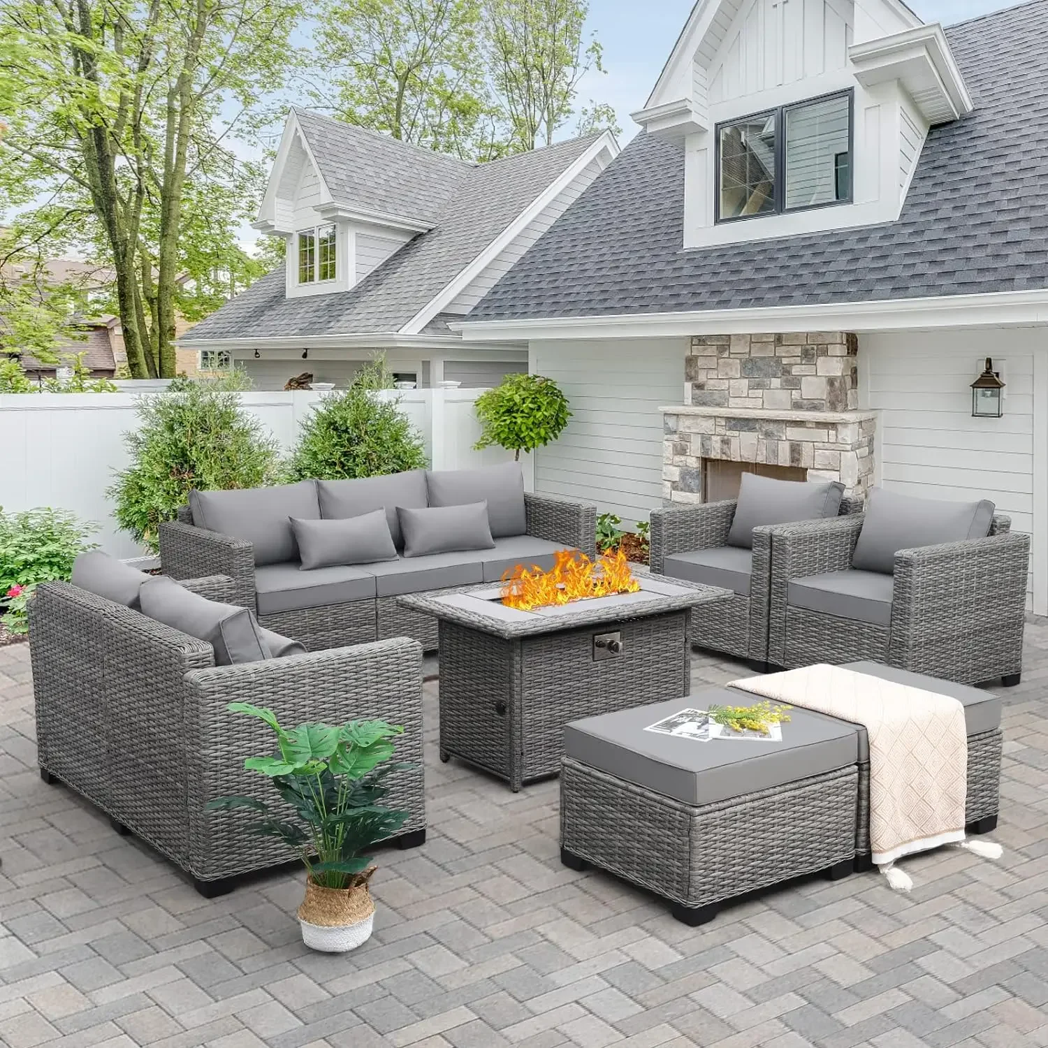 7-Piece Outdoor Furniture Sets Patio Furniture Set with 45-inch Fire Pit Patio Couch Outdoor Chairs 60000 BTU , Grey