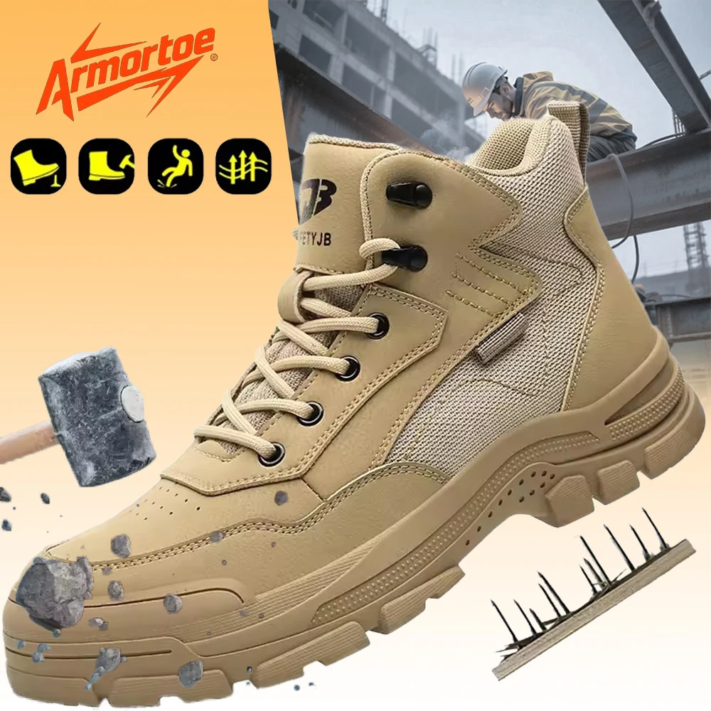 

ArmorToe High-top Wear-resistant Non-slip Safety Shoes Steel Head Anti-smash Work Shoes Fashion Breathable Shoes #Armor2805