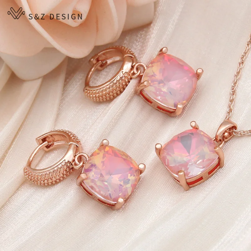 S & Z עיצוב חדש אופנה 585 עלה זהב צבע כיכר קריסטל להתנדנד עגילי נשים חתונה תליון שרשרת מתנה