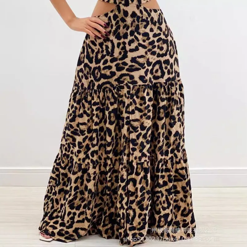 2024 Spring Summer New Women\'s Closing Leopard Print Cutout Sling Square Collar Long Dress Sexy