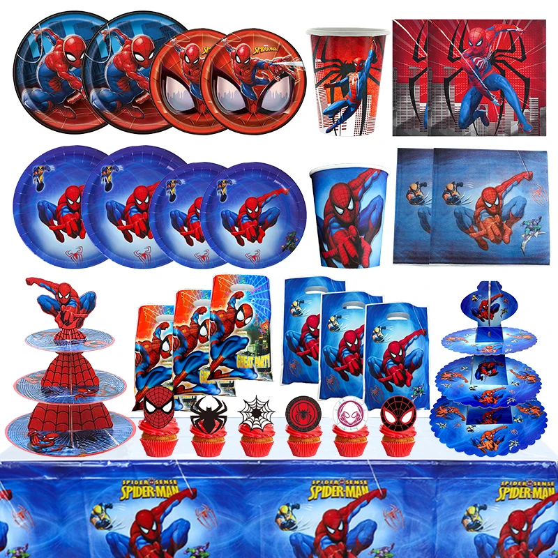 Spiderman Birthday Decoration Tablecloth Paper Cups Plates Backdrop Tableware Backdrop Banner Balloons Baby Kids Party Supplies