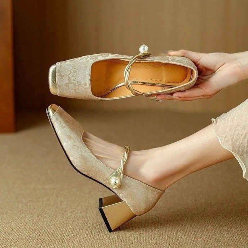 

Женские туфли-лодочки Мэри Джейн с жемчугом, туфли на толстом высоком каблуке, женские туфли на массивном каблуке с квадратным носком, женская осенняя модная обувь для вечеринок