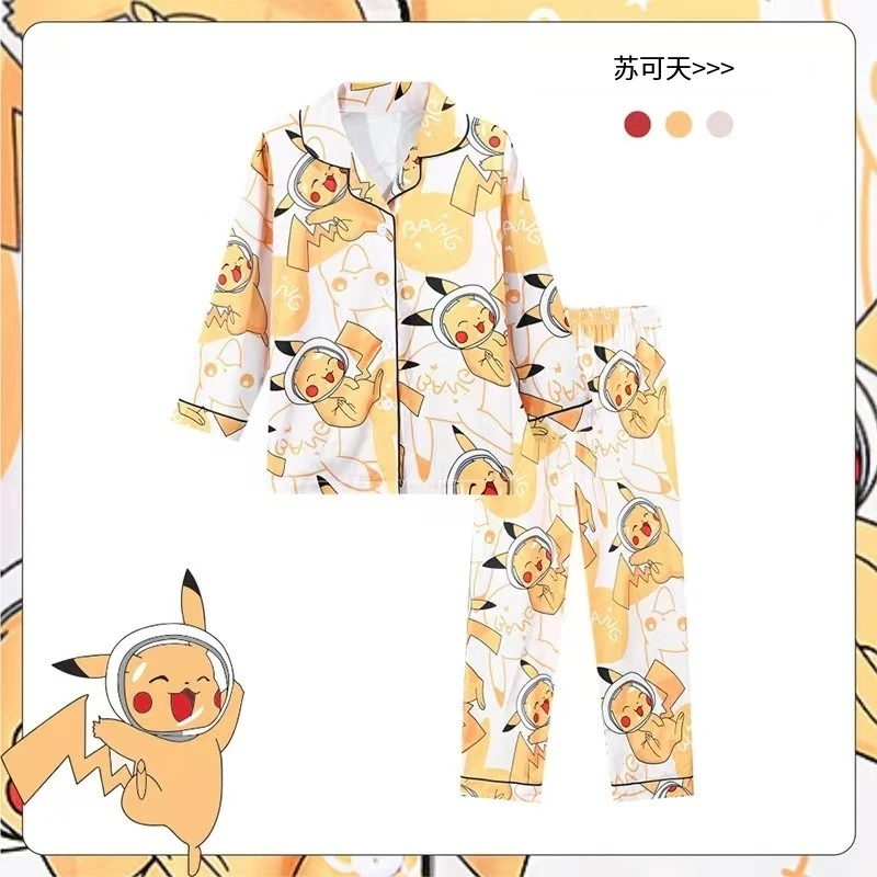 

Anime Kawaii Pikachu Pajamas Set Girls Cartoon Long-Sleeved Trousers Pajamas, Pure Cotton Printed Casual Home Wear Two-Piece Set